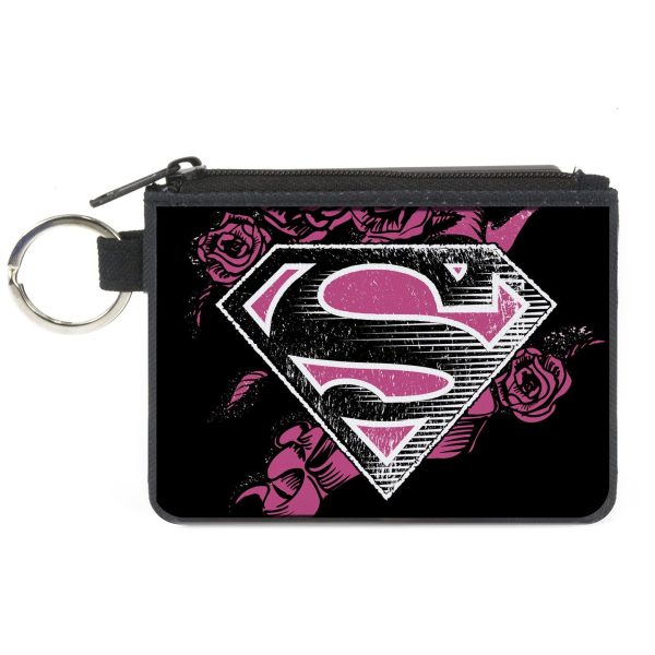 Canvas Zipper Wallet - MINI X-SMALL - Superman Shield4 Roses Weathered Black White Pinks For Discount